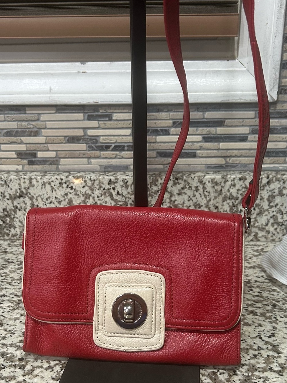 Red Leather Crossbody with Cream Accent and Turn-Lock Closure